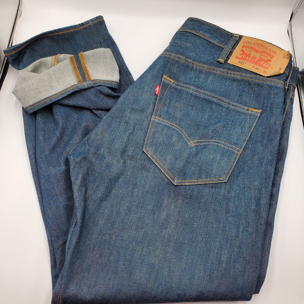 Levis Selvedge 501 Original Fit Mens Jeans Dark Wash Blue 40x30 Button Fly